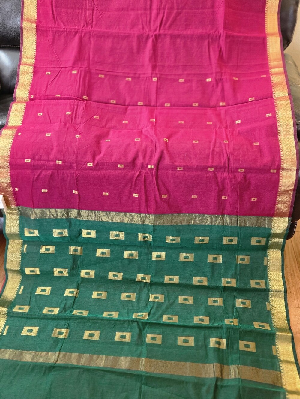 Beautiful New Deep FuschiaPink Mangalgiri Sari with Green Zari Palla &BlousPiece